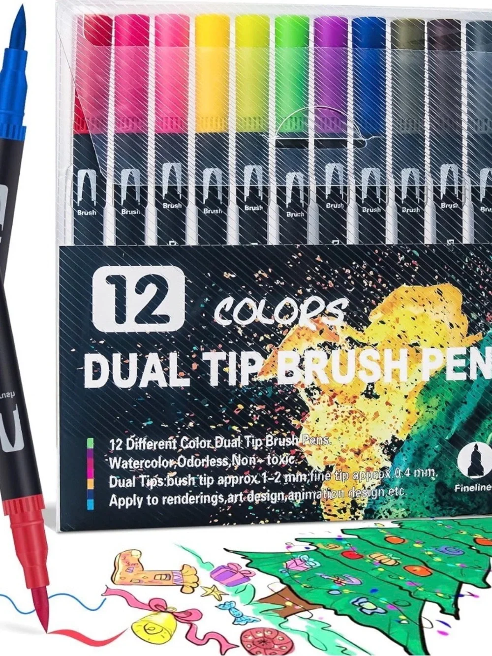 12 Colors Dual Tip Brush Pens Watercolor Markers Fineliner Art Set